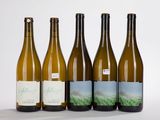 six bouteilles de vin sont alignées sur une surface blanche