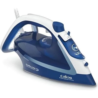 an image of a blue and white steam iron on a white surface