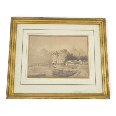 a drawing of a landscape with a castle in the distance