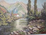 une peinture représentant une rivière avec une maison en arrière-plan