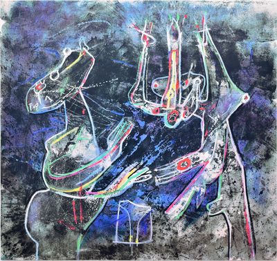 an abstract painting of shoes and a hat on a table