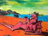 a painting of a man sitting on the beach with a cell phone
