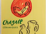 a yellow poster with a drawing of a woman and a vase