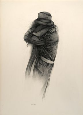 a drawing of a woman wrapped in a blanket with her arms around her head
