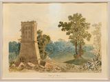an image of a painting of a tower in the middle of a field