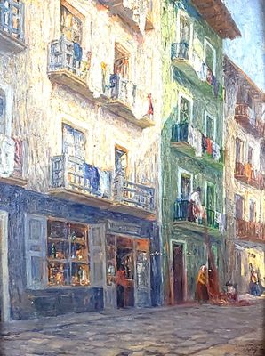 a painting of a street scene with a horse and carriage