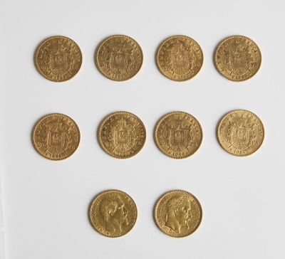 11 Lot de 10 pièces de 20 francs or Napoléon III - Atelier B…