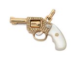 a close up of a revolver with diamonds on a white background