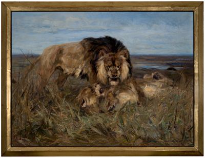 une peinture à l'huile représentant un lion et une lionne dans un champ