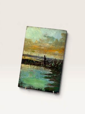 an image of a painting of a person on a boat in the water
