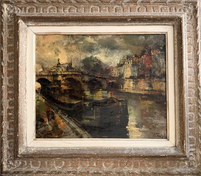une image d'une peinture représentant un pont sur une rivière