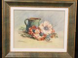 painting of a vase and flowers on a table with a black background