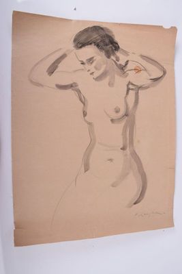 drawing of a nude woman with her hands on her head