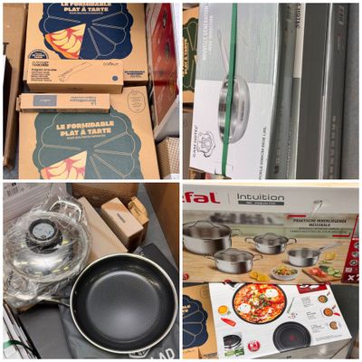 several pictures of various pans and pans on display in a store