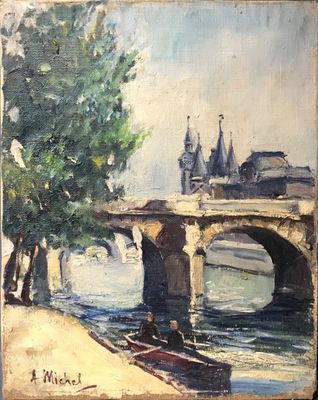 tableau représentant un pont enjambant une rivière, avec un bateau au premier plan