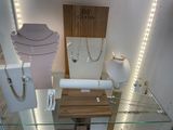 a display of jewelry on a glass shelf in a store