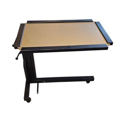 a close up of a table with a wooden top on a white background