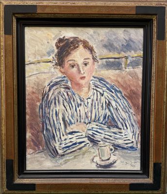 an oil painting of a woman sitting at a table with a cup of coffee