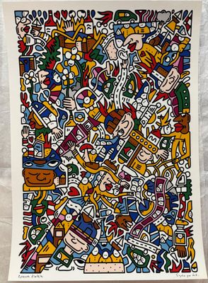 a painting of a bunch of different colored objects on a white surface