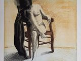 drawing of a woman sitting in a chair with a blanket on her back