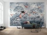 wall mural of a living room with a blue couch and a painting of birds
