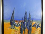 une peinture à l'huile d'un paysage avec des cyprès au premier plan