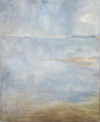 une peinture à l'huile représentant un ciel bleu au-dessus d'une étendue d'eau