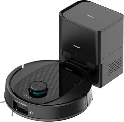 an image of a black robot vacuum cleaner and a black box