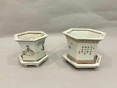 pair of chinese porcelain hexagonal planters