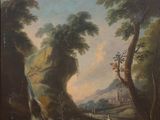 an image of a painting of a landscape with figures in the foreground and a waterfall in the background