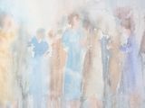 a painting of a group of people walking in the rain