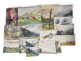 many paintings of different colors and sizes on the wall