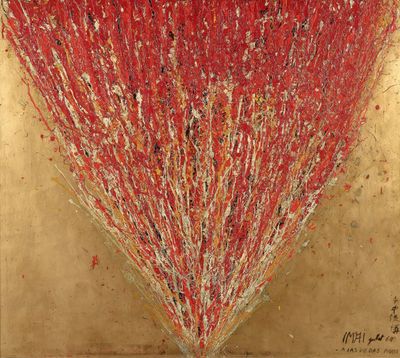 an image of a painting of a red heart on a gold background