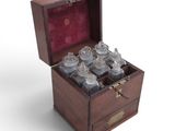 a wooden box with a bunch of bottles inside of it
