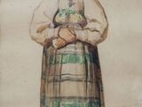 un vieux tableau représentant une femme en robe et avec un chapeau