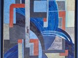peinture abstraite composée de formes bleues, rouges et grises, encadrée de noir