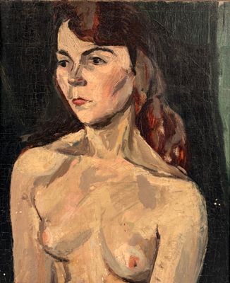 une peinture à l'huile représentant une femme aux cheveux roux, torse nu
