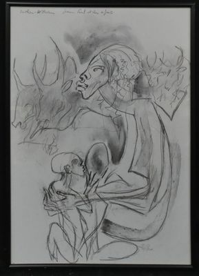 dessin d'un homme et d'une femme assis devant un tableau