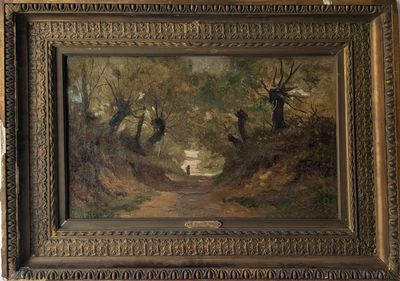 une peinture à l'huile représentant un homme marchant sur un sentier dans une zone boisée