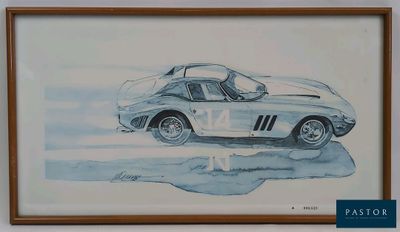 painting of a silver sports car in a wooden frame on a wall