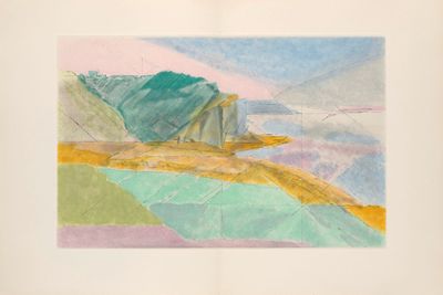 drawing of a landscape with mountains and a body of water in the foreground