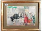 painting of a group of people walking down a street next to a horse