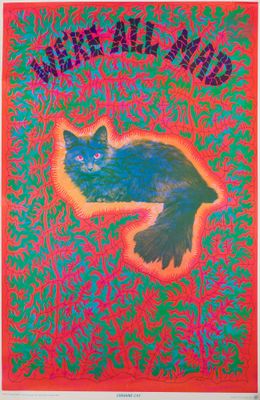 une peinture représentant un chat noir assis sur un fond vert et rouge