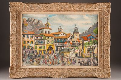 an image of a painting of a city scene with people and buildings
