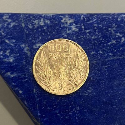 une pièce d'or posée sur un bloc de marbre bleu