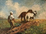 painting of a man plowing a field with two horses and a plow