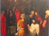 an image of a painting of a group of people standing around a man