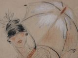 a drawing of a woman with an umbrella on a table