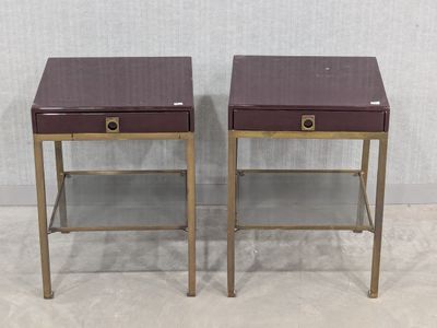 pair of mid century modern brass and leather side tables