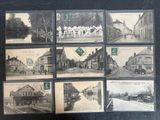 several old black and white photographs of a town street